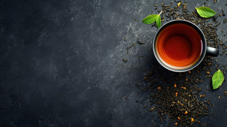 Black tea advertisment background with copy space.の素材