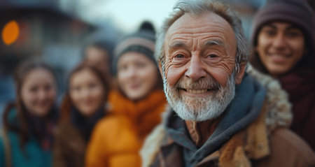an adult man smiling in front of group of people.の素材