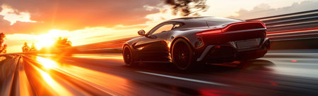 an exotic car is driving on a highway and at sunset.の素材