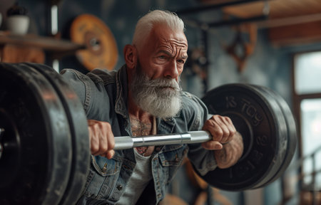 elderly man lifting weights with large bar.の素材