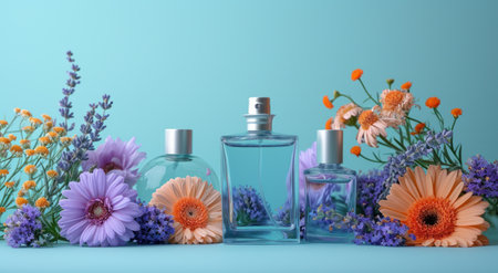 perfume bottle and flowers on blue background.の素材