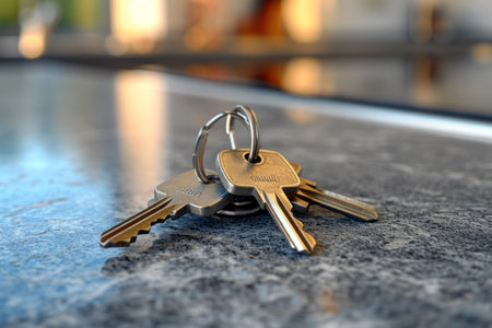 key of house keys on table in kitchen.の素材