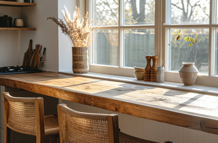 modernstyle wooden kitchen counter with two chairs next to windows.の素材