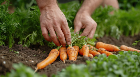 a man picking up carrots in the dirt.の素材