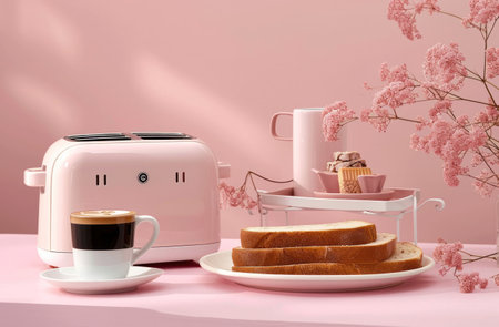 white toaster with sliced bread and trays of coffee.の素材