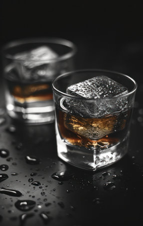 two ice cubes in a glass with whiskey.の素材