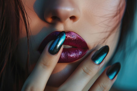 a woman with burgundy and blue nails on.の素材