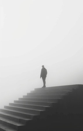 a man is standing on the stairs in a fogの素材