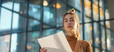 a young woman holds a piece of paper and looks forwardの素材