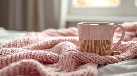 mug with fresh hot tea on bed next to a cozy blanket.の素材