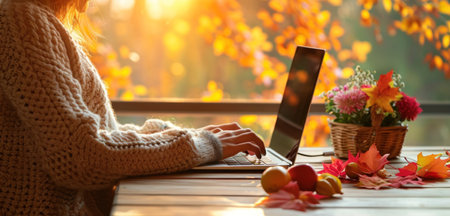 a woman using a laptop on a table with flowers in basket and autumn leavesの素材