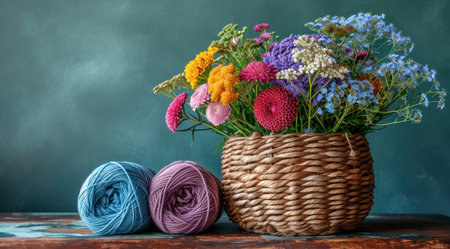 yarn in basket and flowers on the table.の素材