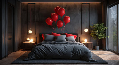 decorative bed with balloons inside a romantic bed room.の素材