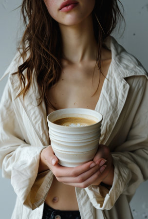 a woman holding a cup of coffee.の素材