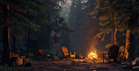 a campfire in the forest with chairs and camp equipmentの素材