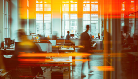 blurred view of a group of people in an office.の素材