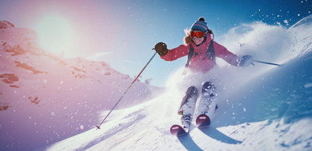 female skier flying by, in the style of anamorphic lensの素材