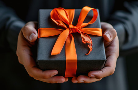 man holding up gift with orange ribbonの素材