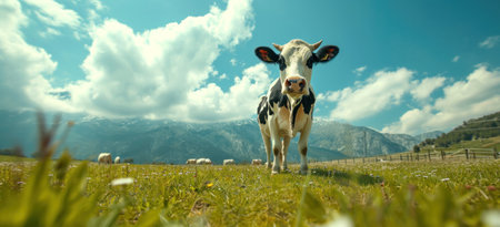 one cow grazing on a field with mountains behind itの素材