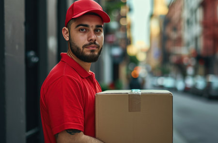 one delivery man in a red shirt holding a boxの素材