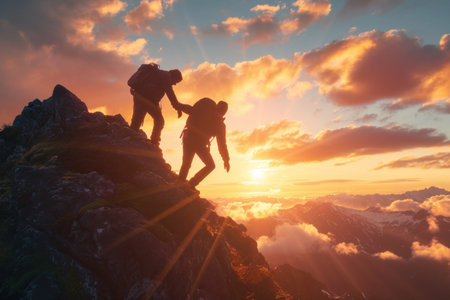 two people are holding hands at the top of a rocky mountainの素材