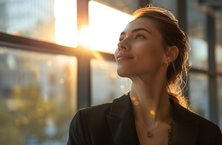 woman in suit in the office looking upの素材