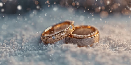 two wedding rings set on a snow backgroundの素材