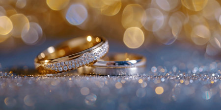 two wedding rings set on a snow backgroundの素材