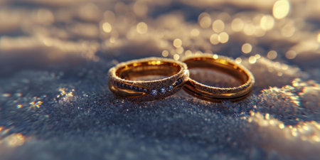 two wedding rings set on a snow backgroundの素材