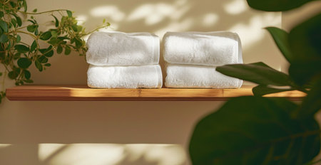 two pairs of white towels are sitting on top of a wood shelfの素材