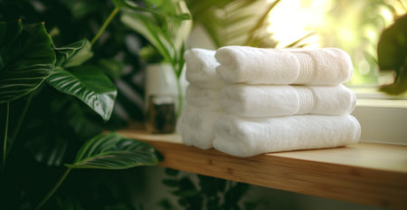 two pairs of white towels are sitting on top of a wood shelfの素材