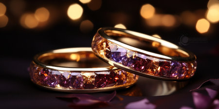 two wedding rings set on a snow backgroundの素材