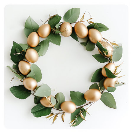 easter in circle with gold eggs and leaves.の素材