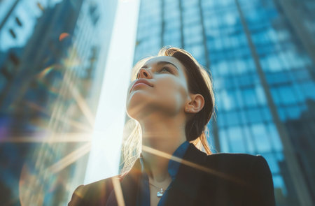 young businesswoman looking up in big cityの素材