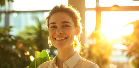 happy attractive businesswoman smiling in modern office.の素材