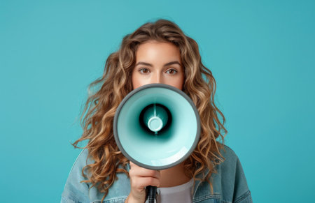 girl with megaphone holding a megaphone against blue background.の素材