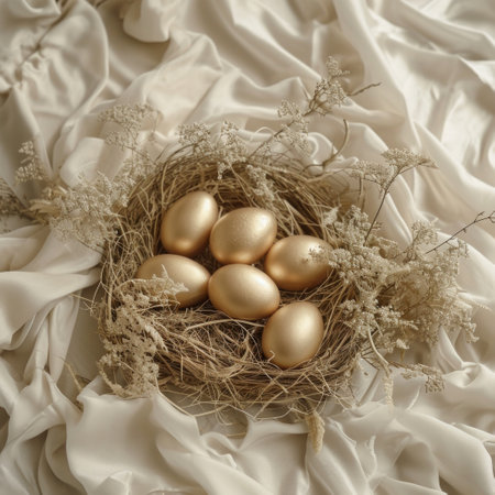 gold eggs in a circle on a white surface.の素材