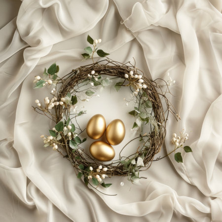 golden eggs in a circle surrounded by twigs and greens.の素材
