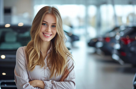 girl smiling in the front of car showroom.の素材