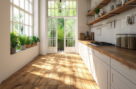 in a kitchen the counter is a wood surface.の素材