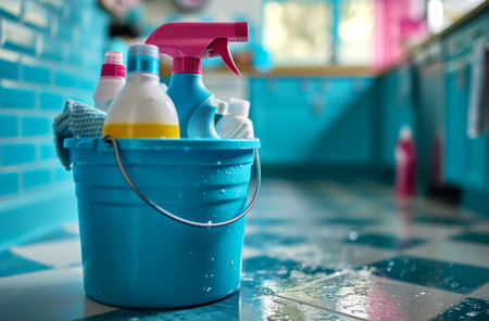 home cleaning products in a blue bucket inside kitchen,.の素材
