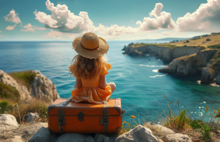 little girl sitting on a suitcase next to ocean.の素材