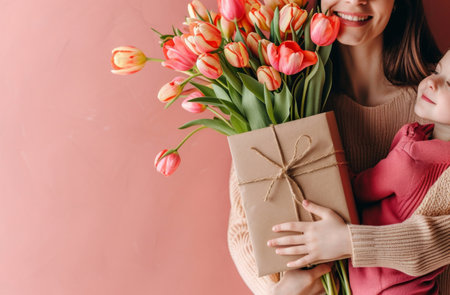 loving mothers with presents with tulips and bouquet.の素材