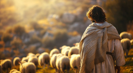 Jesus standing against a background of sheep in the middle of the pasture.の素材