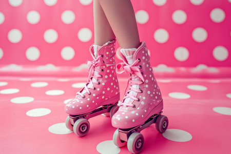 pink roller skates on pink background with white polka dots.の素材