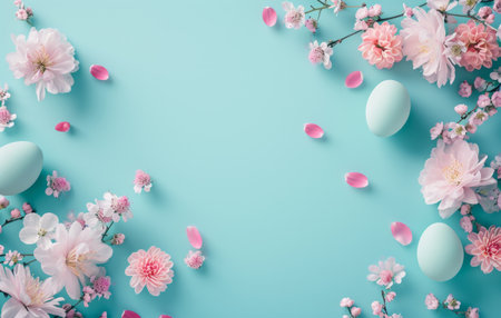 pastel eggs with flowers on a light blue background.の素材