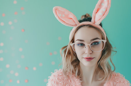 photo of woman wearing easter rabbit headband with ears and looking through glasses.の素材