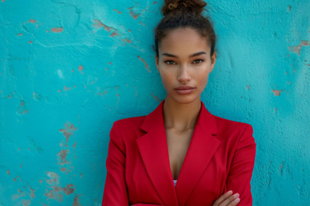professional businesswoman in red, posing in front of the blue wall.の素材