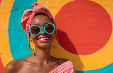 smiling young woman wearing pink next to a circular red ring as well as a yellow background.の素材