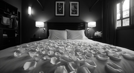 rose petals in bed on honeymoon.の素材